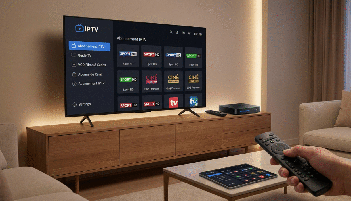 Interface Smart TV affichant le menu "Abonnement IPTV" sélectionné, avec des aperçus de chaînes de sport et de cinéma HD, une télécommande et un boîtier IPTV visibles.