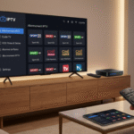 Interface Smart TV affichant le menu "Abonnement IPTV" sélectionné, avec des aperçus de chaînes de sport et de cinéma HD, une télécommande et un boîtier IPTV visibles.