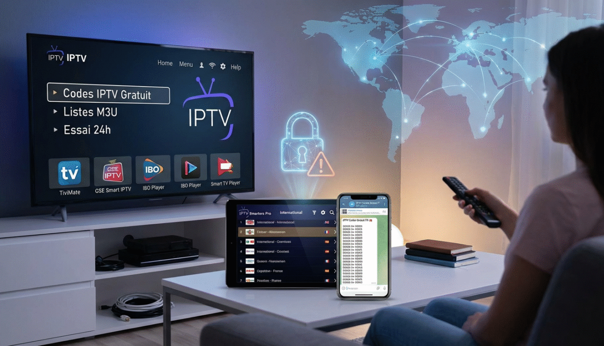 Utilisateur naviguant sur une interface Smart TV avec le menu "Codes IPTV Gratuit " mis en évidence, entouré d'une tablette et d'un smartphone affichant des listes de codes et une icône d'avertissement de sécurité.