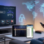 Utilisateur naviguant sur une interface Smart TV avec le menu "Codes IPTV Gratuit " mis en évidence, entouré d'une tablette et d'un smartphone affichant des listes de codes et une icône d'avertissement de sécurité.