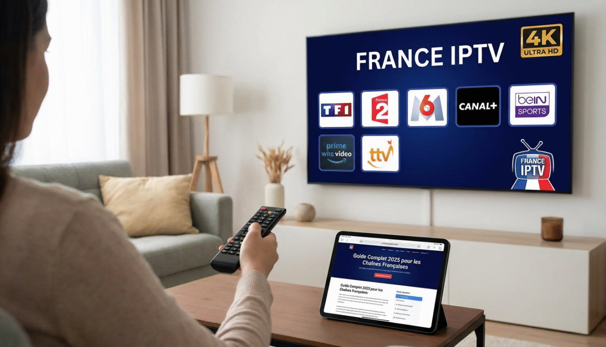 Femme regardant l'interface France IPTV 4K avec chaînes françaises sur Smart TV et un guide sur tablette.