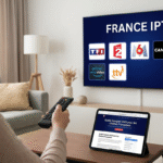 Femme regardant l'interface France IPTV 4K avec chaînes françaises sur Smart TV et un guide sur tablette.